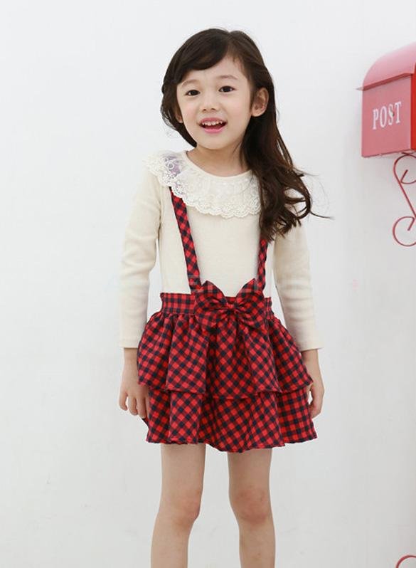 unknown Cute Baby Girls Long Sleeve Lace Neck Plaid Strap One Piece Pleated Dress