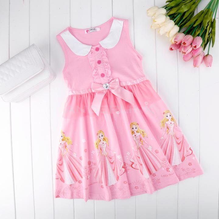 unknown New Cute Sleeveless Girls Doll Collar Character Pattern Bow Mesh Splicing Casual Dress