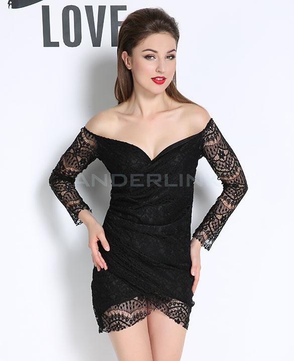 unknown Women New Fashion Long Sleeve Off Shoulder Sexy Lace Dress Bodycon Evening Party Dress