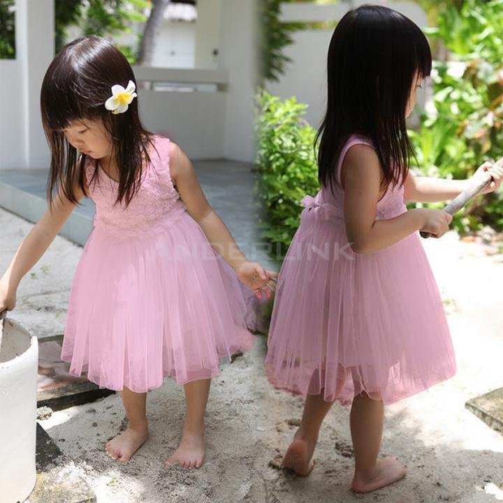 unknown Baby Girls Lovely Sleeveless Net Yarn Splicing Ball Gown Floral Princess Dress