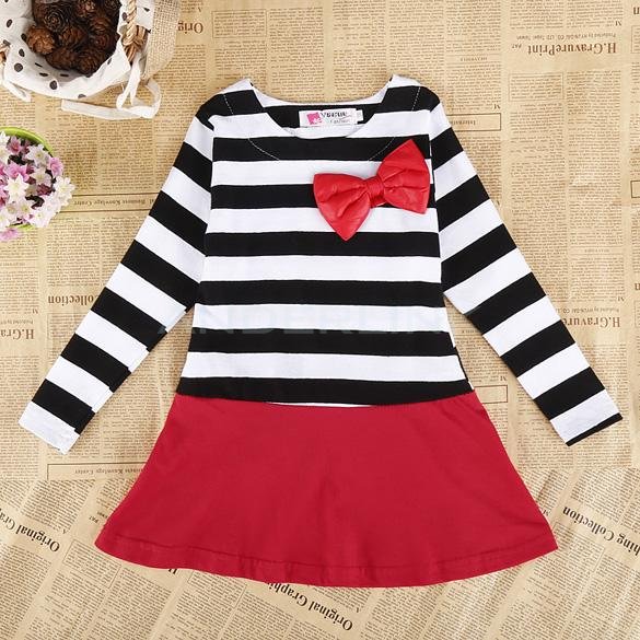 unknown Korean Fashion Baby Girls Long Sleeve Stripe Dress Bowknot O-Neck Dress
