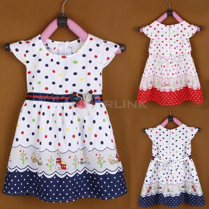 unknown New Girl Kids Children's Wear Cap Sleeve O-neck Dots Printed Cute Lovely Casual Dress