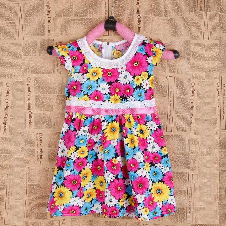 unknown New Girl Kids Children's Wear Cap Sleeve O-neck Colorful Flower Printed Cute Lovely Casual Dress