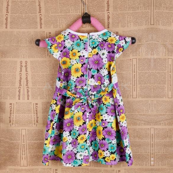 unknown New Girl Kids Children's Wear Cap Sleeve O-neck Colorful Flower Printed Cute Lovely Casual Dress