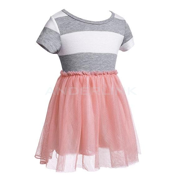 unknown Baby Girl Kids Children's Fashion Net Yarn Striped Patchwork Lined Short Sleeve Dress