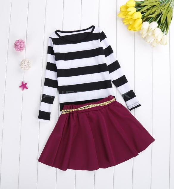 unknown New Fashion Cute Kids Girls Children's Fancy Wear Clothing Set Long Sleeve Striped Top + Wine Red Skirt