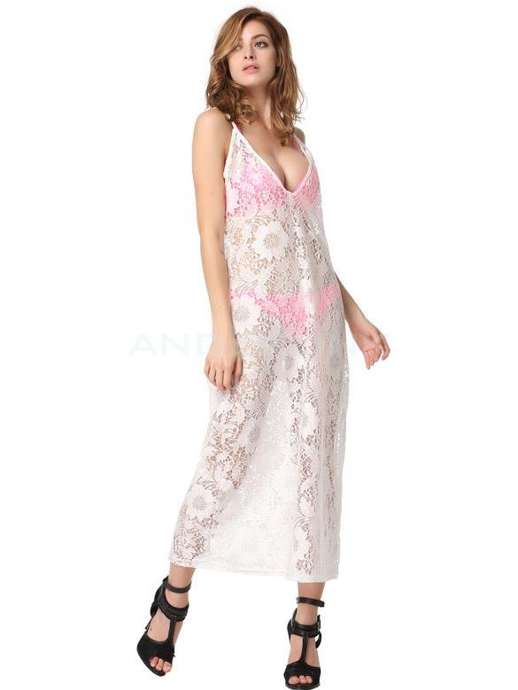 Fashion Lady Sexy Women's Lace Floral Strap V-neck Beach Straight Dress Cover-ups White