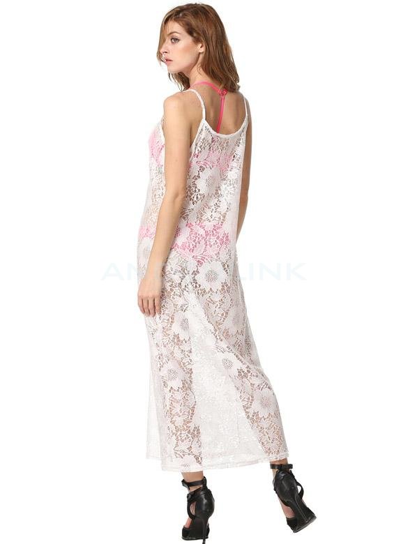 Fashion Lady Sexy Women's Lace Floral Strap V-neck Beach Straight Dress Cover-ups White
