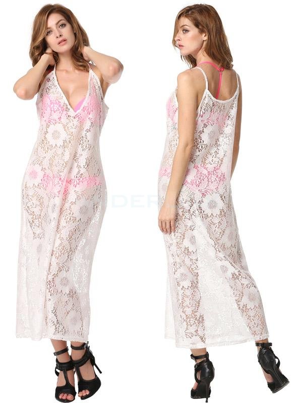 unknown Fashion Lady Sexy Women's Lace Floral Strap V-neck Beach Straight Dress Cover-ups White