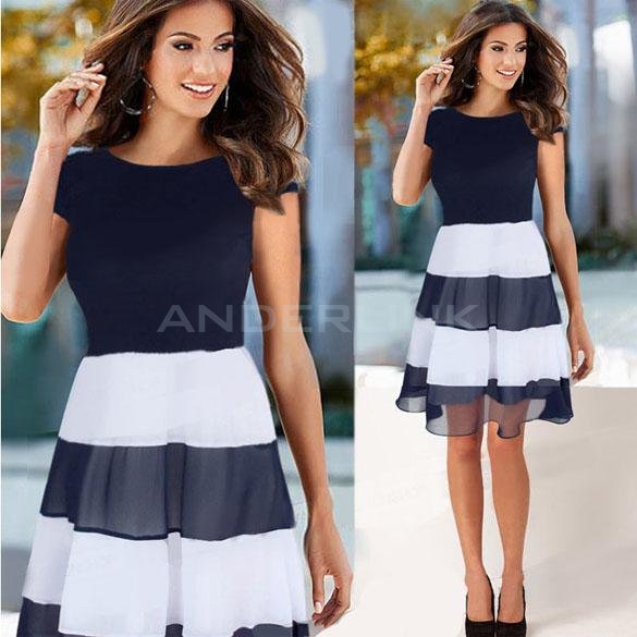 unknown Elegant Women Stripe A Line Patchwork Cocktail Casual Party Dress